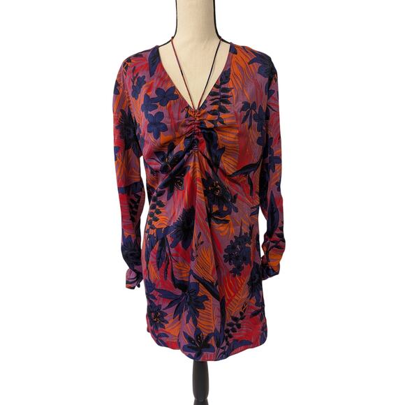 ZARA Floral Print Mini Dress Size Small Tropical Long Sleeve Relaxed Ruching New - Picture 2 of 9